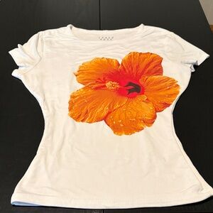 Elegant White Tee with Bold Orange Floral Print